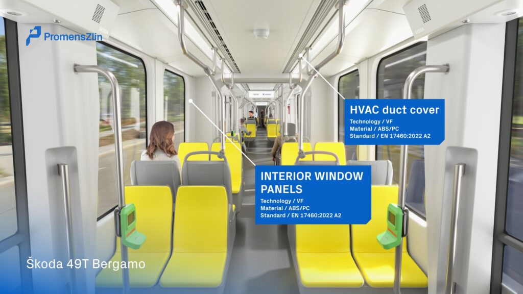 Příklad interiérových dílů, které lepíme podle normy EN 17460:2022 – A2: interiérové panely tramvají a krycí prvky jednotek HVAC.